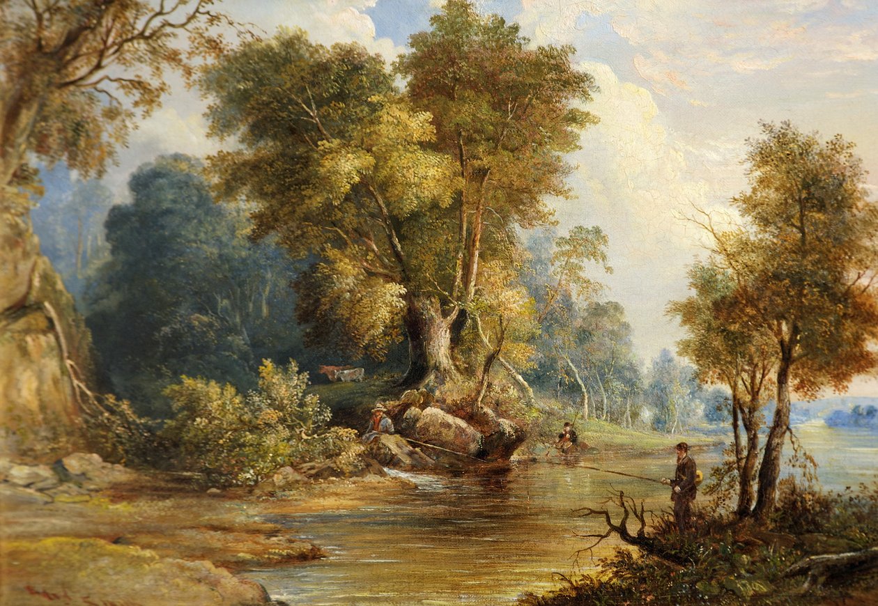 Flodscene med lystfiskere, the Leadon, Gloucestershire, ca. 1880 af Edward Smith
