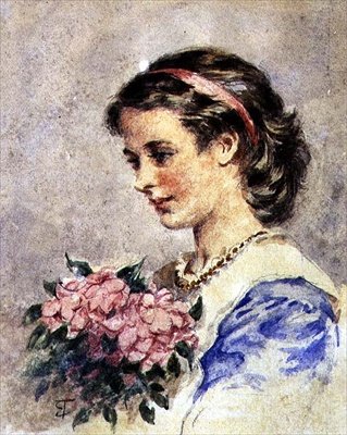 Ung pige med en bundt lyserøde blomster (akvarel over blyant på papir) af Edward Tayler