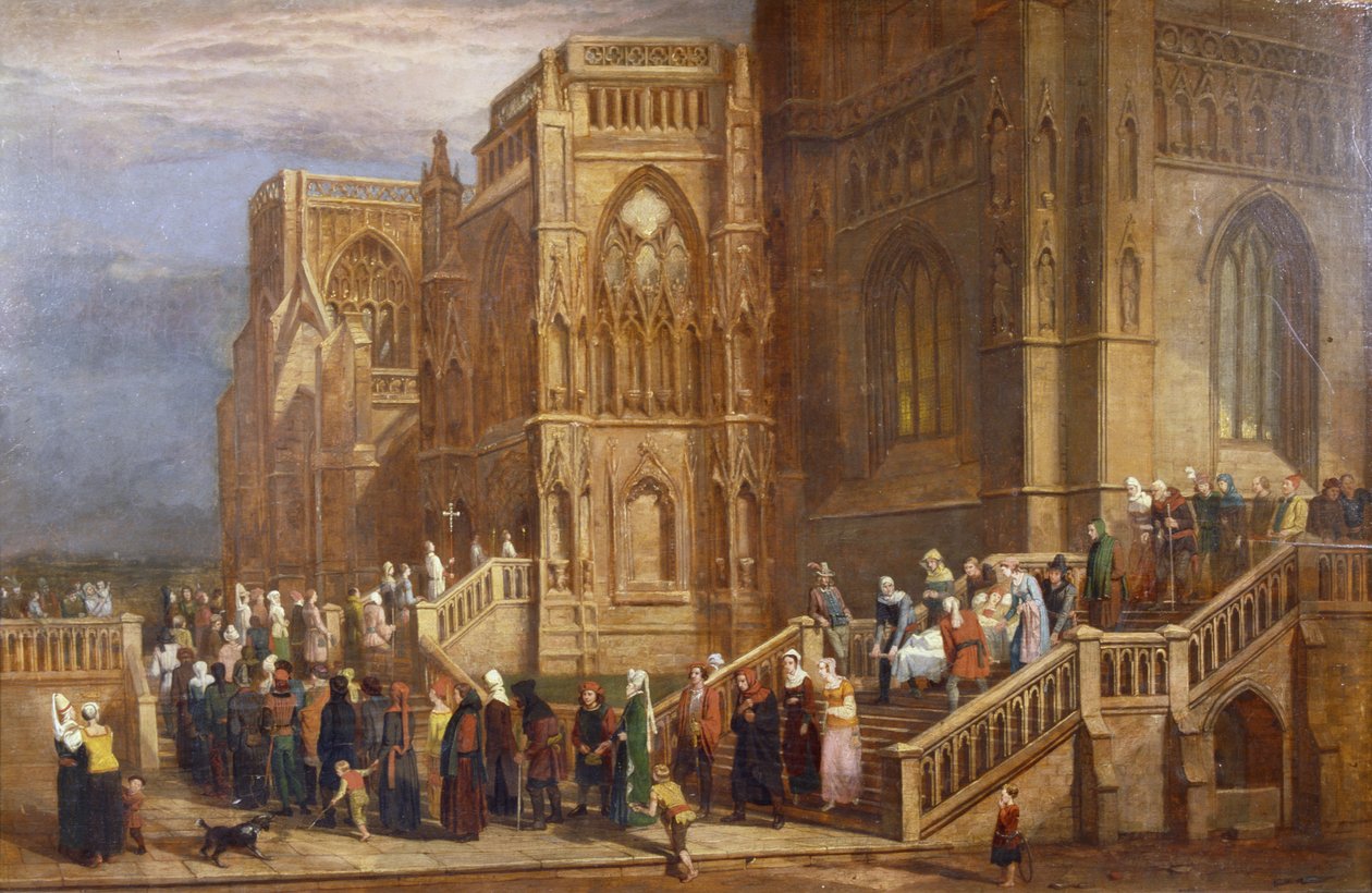 En procession af pilgrimme uden for St Mary Redcliffe, ca. 1825-30 (olie på panel) af Edward Villiers Rippingille