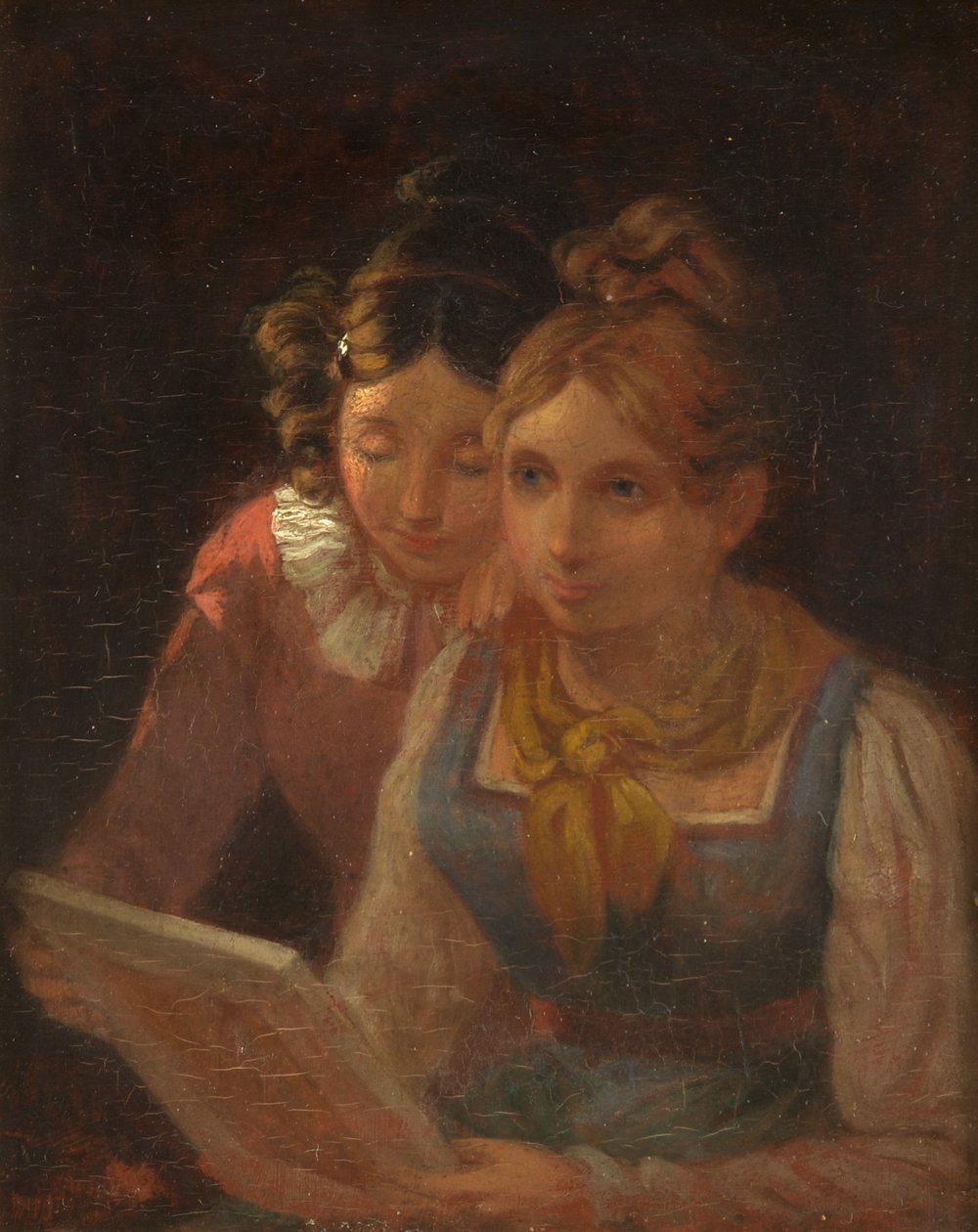 To piger ser på et billede, ca. 1820 (olie på panel) af Edward Villiers Rippingille