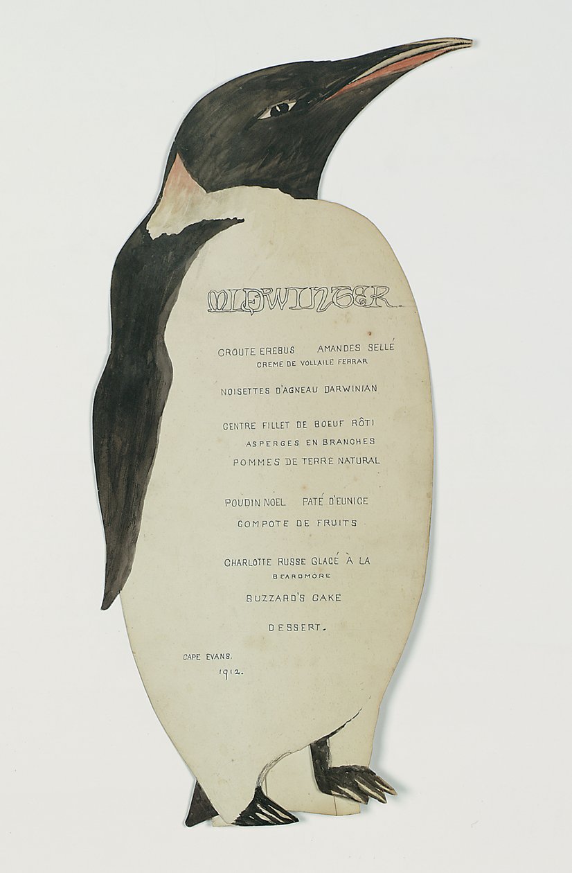 Menu i form på en kejserpingvin, til Midvinterdagsmiddagen, Cape Evans, 22. juni 1912 (pen & gouache på kort) af Edward W. Nelson
