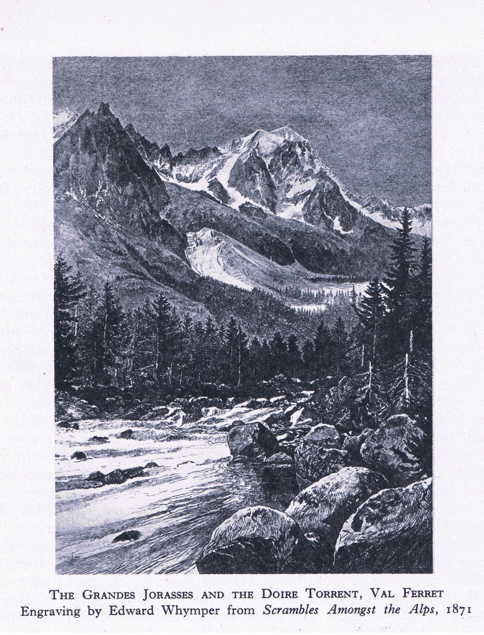 The Grand Jorasses and the Doire Torrent, Val Ferrett, fra British Adventure udgivet af Collins, 1947 af Edward Whymper