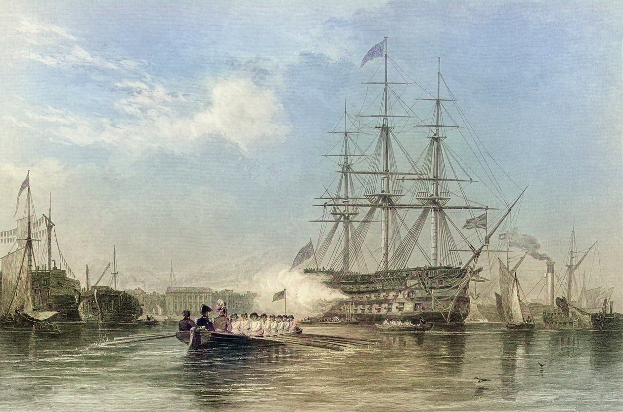 Den britiske flådes flagskib hilser i Gosford havn, England. 1800-tallet (gravering) af Edward William (after) Cooke
