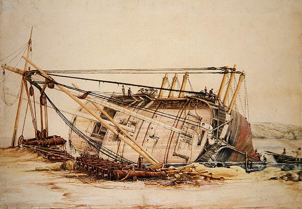 A Beached Brig (akvarel på papir) af Edward William Cooke