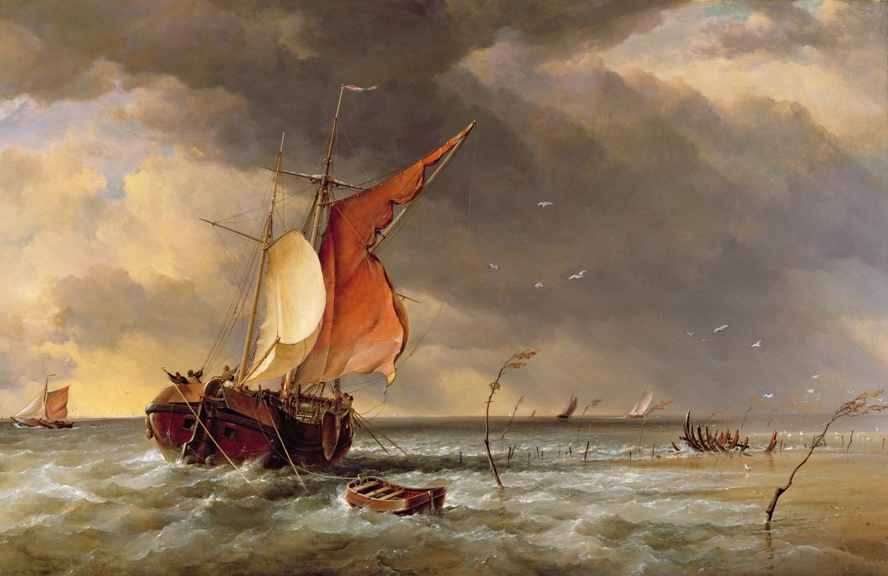 En hollandsk Galliot grundstødte på en sandbanke på Bies Bosch, Holland, 1878 af Edward William Cooke