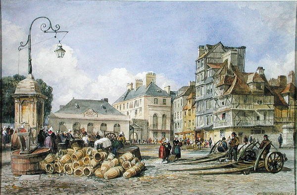 En markedsplads på kontinentet (akvarel på papir) af Edward William Cooke