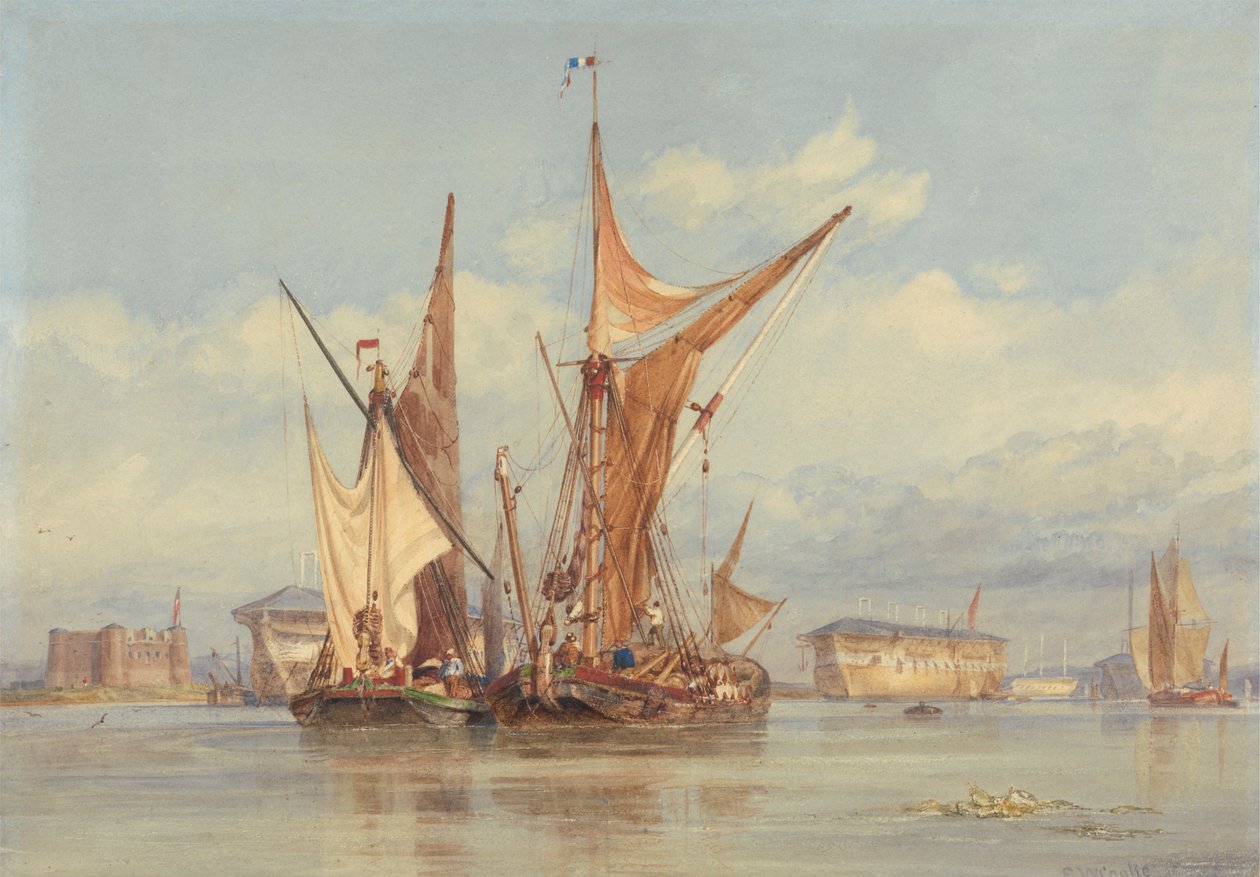 Bombesikkert batteri nær Gillingham, på Medway... af Edward William Cooke