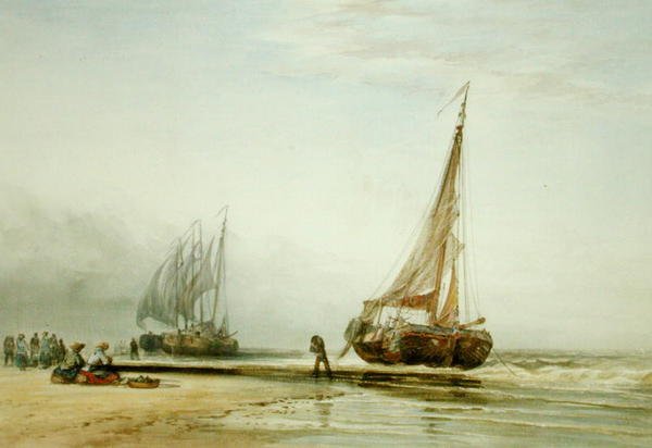 Hollandske fiskerbåde på stranden med grupper af fiskere af Edward William Cooke