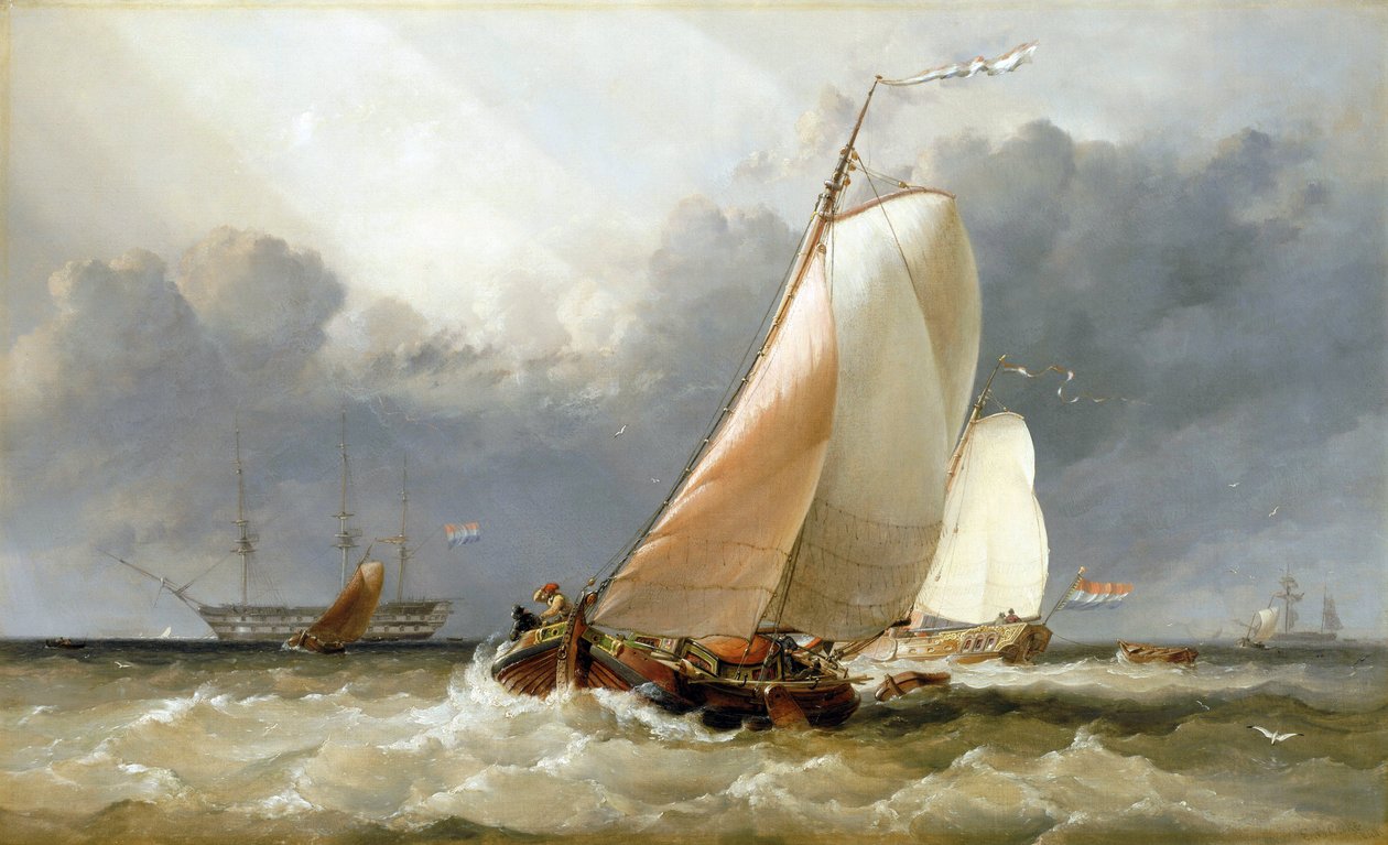Hollandsk sejlbåd, der sejler på Zuiderzee (Holland). Olie på lærred af Edward William Cooke