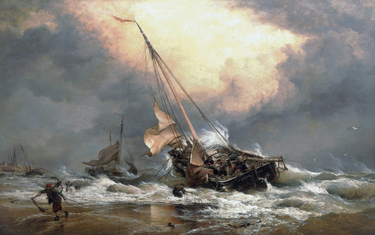 Fiskere trækker deres både på bredden af Nordsøen, nær Scheveningen (Holland). Olie på lærred af Edward William Cooke