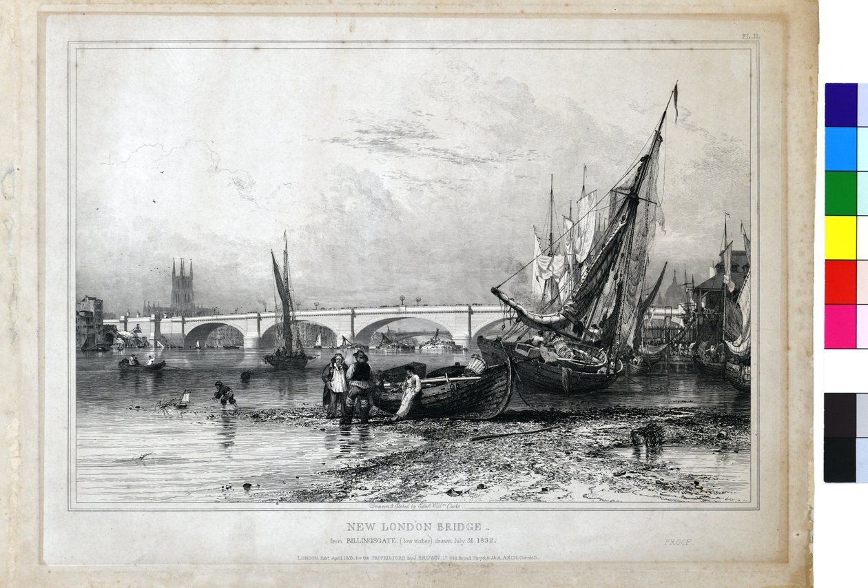 New London Bridge fra Billingsgate (lavt vand) af Edward William Cooke