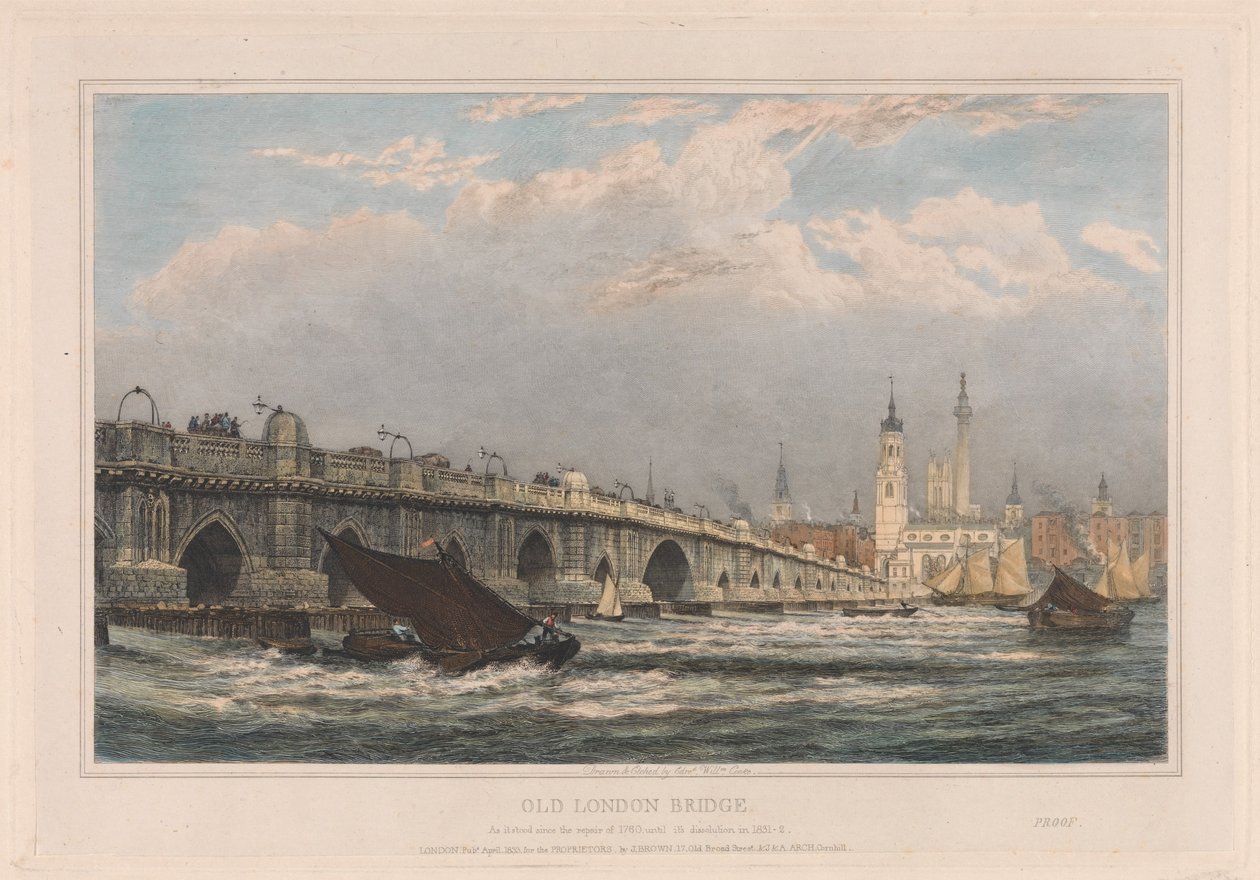 Den gamle London Bridge efter reparationen i 1700 indtil 1831/1832 af Edward William Cooke