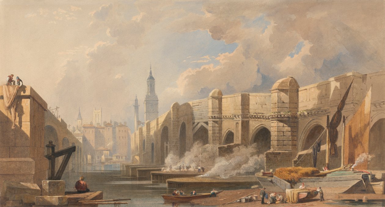 Old og New London Bridge af Edward William Cooke