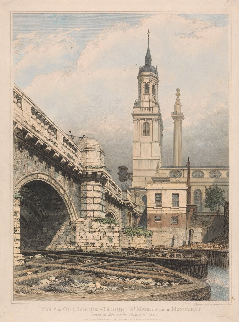 En del af den gamle London Bridge, St. Magnus og Monumentet af Edward William Cooke