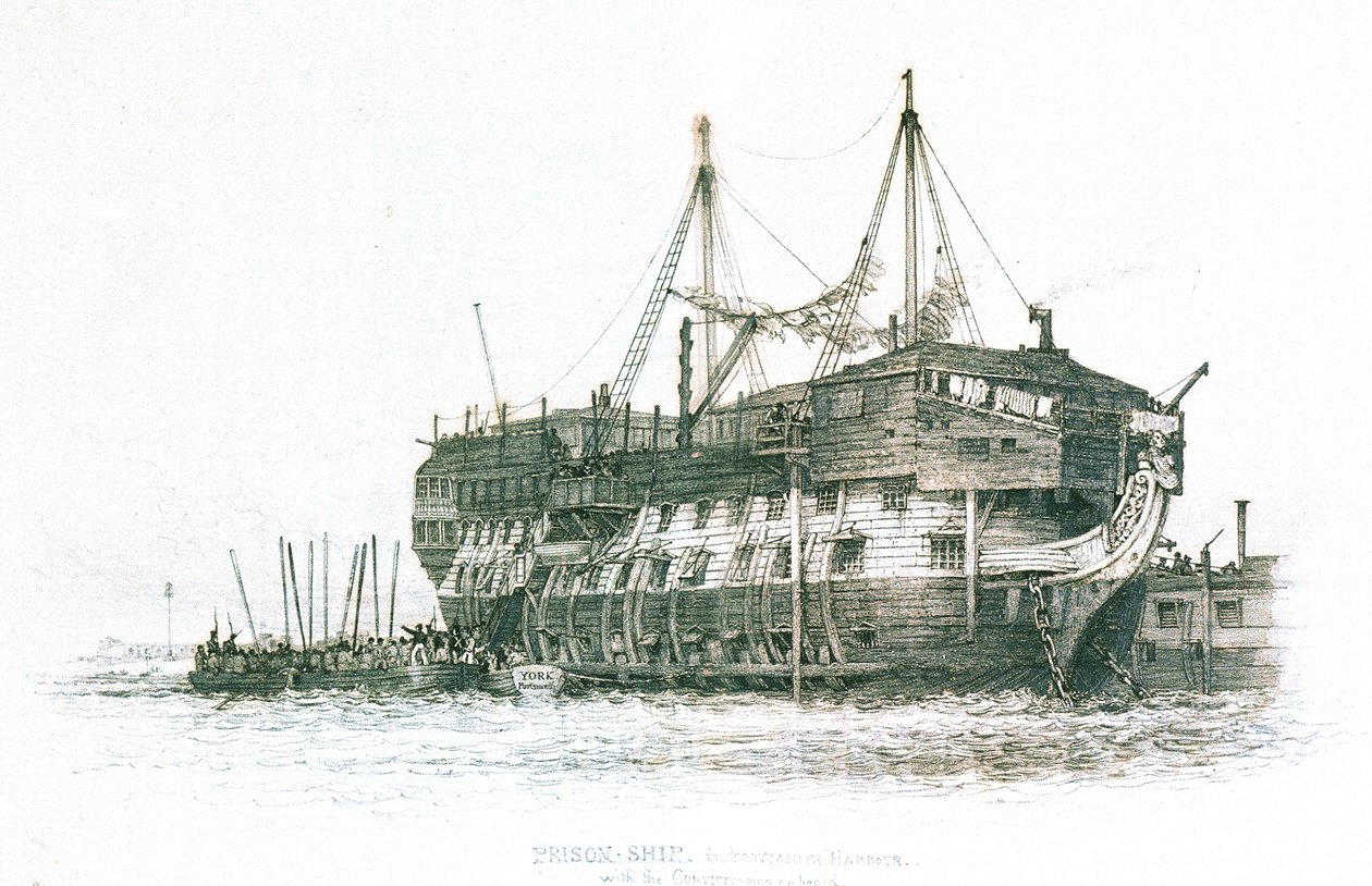 Fængselsskib i Portsmouth havn med fangerne, der går om bord af Edward William Cooke