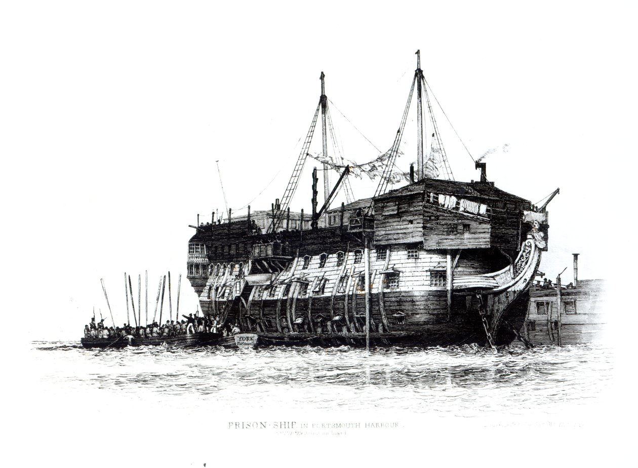 Fængselsskib i Portsmouth Havn: Fanger går om bord, 1828 af Edward William Cooke
