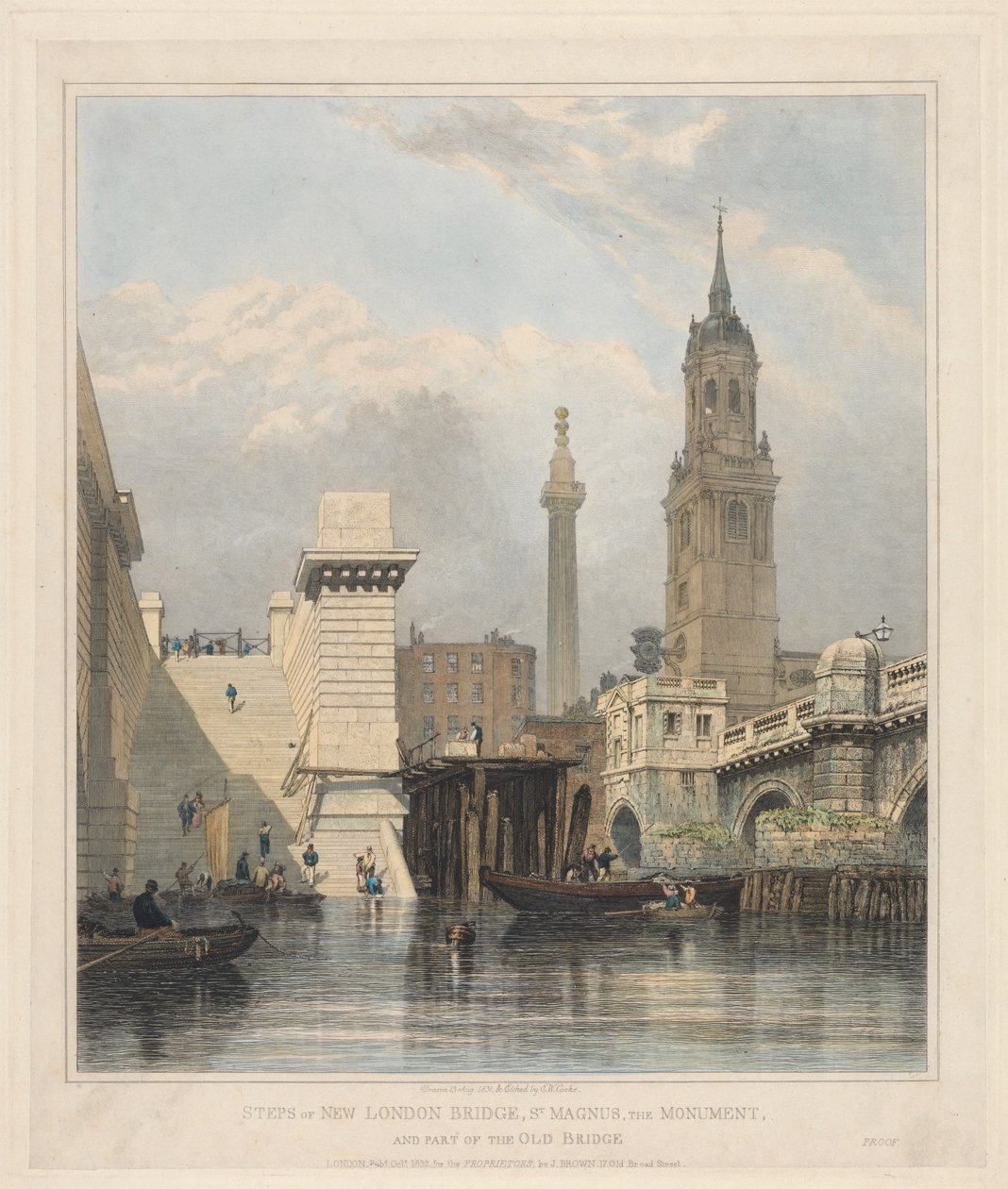 Trapperne ved den nye London Bridge, St. Magnus, Monumentet og en del af den gamle bro af Edward William Cooke