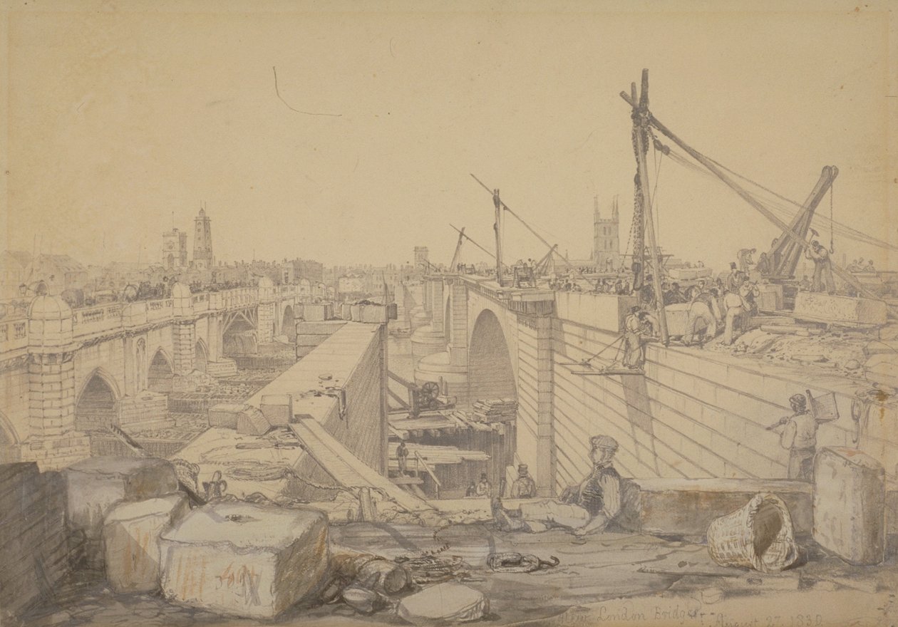 Konstruktionen af London Bridge, 1830 af Edward William Cooke