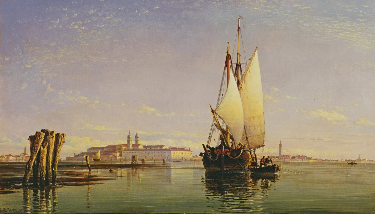 The Euganean Hills and the Laguna of Venedig - Trabaccola Waiting for the Tide, Solnedgang, 1853 af Edward William Cooke