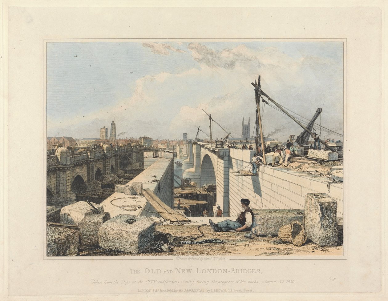 Den gamle og den nye London Bridge af Edward William Cooke