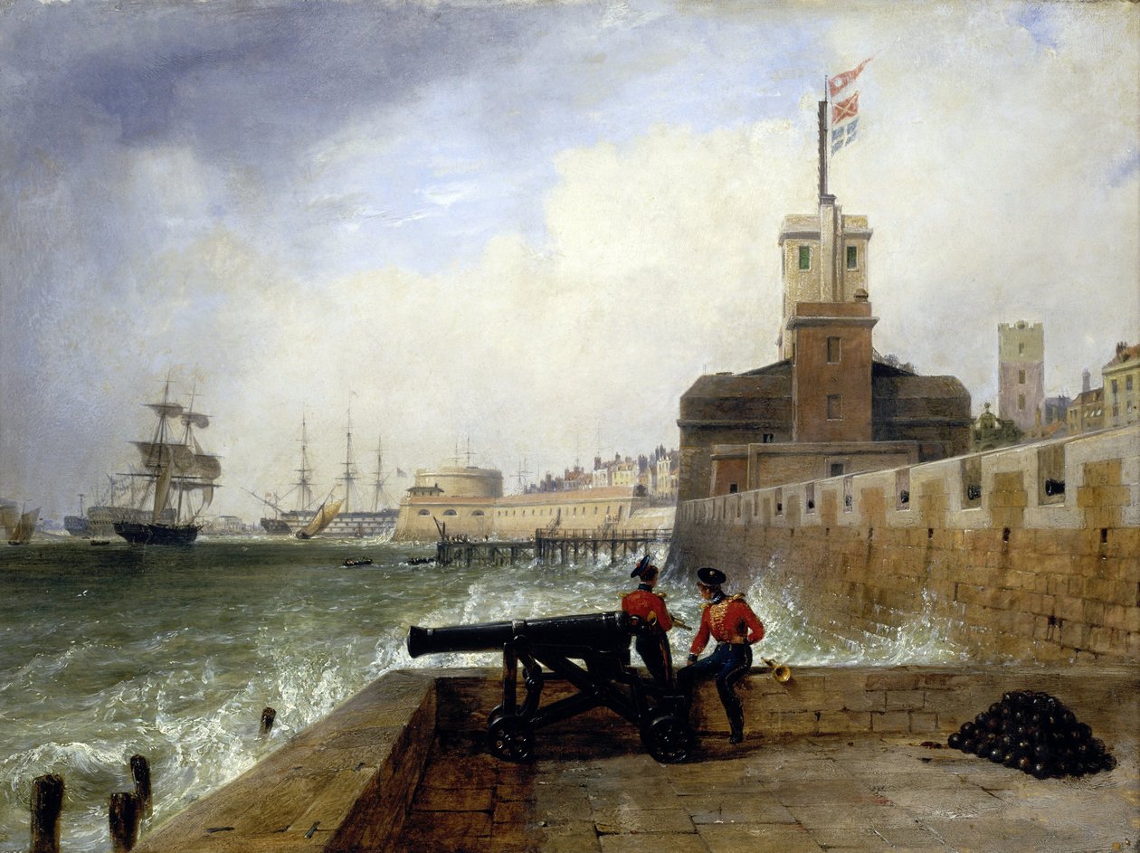 Semafortårnet ved indsejlingen til havnen i Portsmouth (England), på Salvation Platform, med to soldater siddende på muren ved siden af en kanon, i baggrunden beskrivelse af byen og molen med det runde tårn af Edward William Cooke