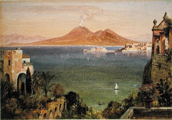 Vesuv og Castel del Oro, Napoli, set fra Villa Cedrino, Posillipo (olie på papir lagt om bord) af Edward William Cooke