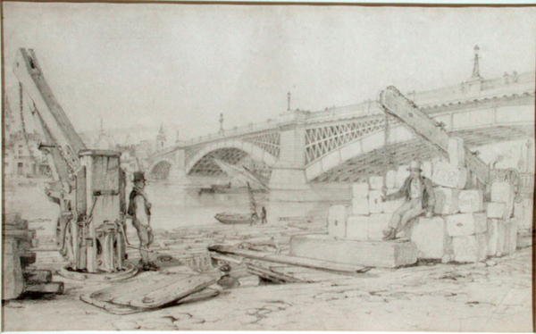 Udsigt over Southwark Bridge og Themsen fra Bankside med to boretårne i forgrunden af Edward William Cooke