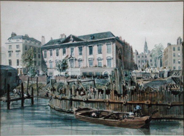 Udsigt over en tømmerkassedam, der omslutter pæledrivere og hejseværker til London Bridge af Edward William Cooke