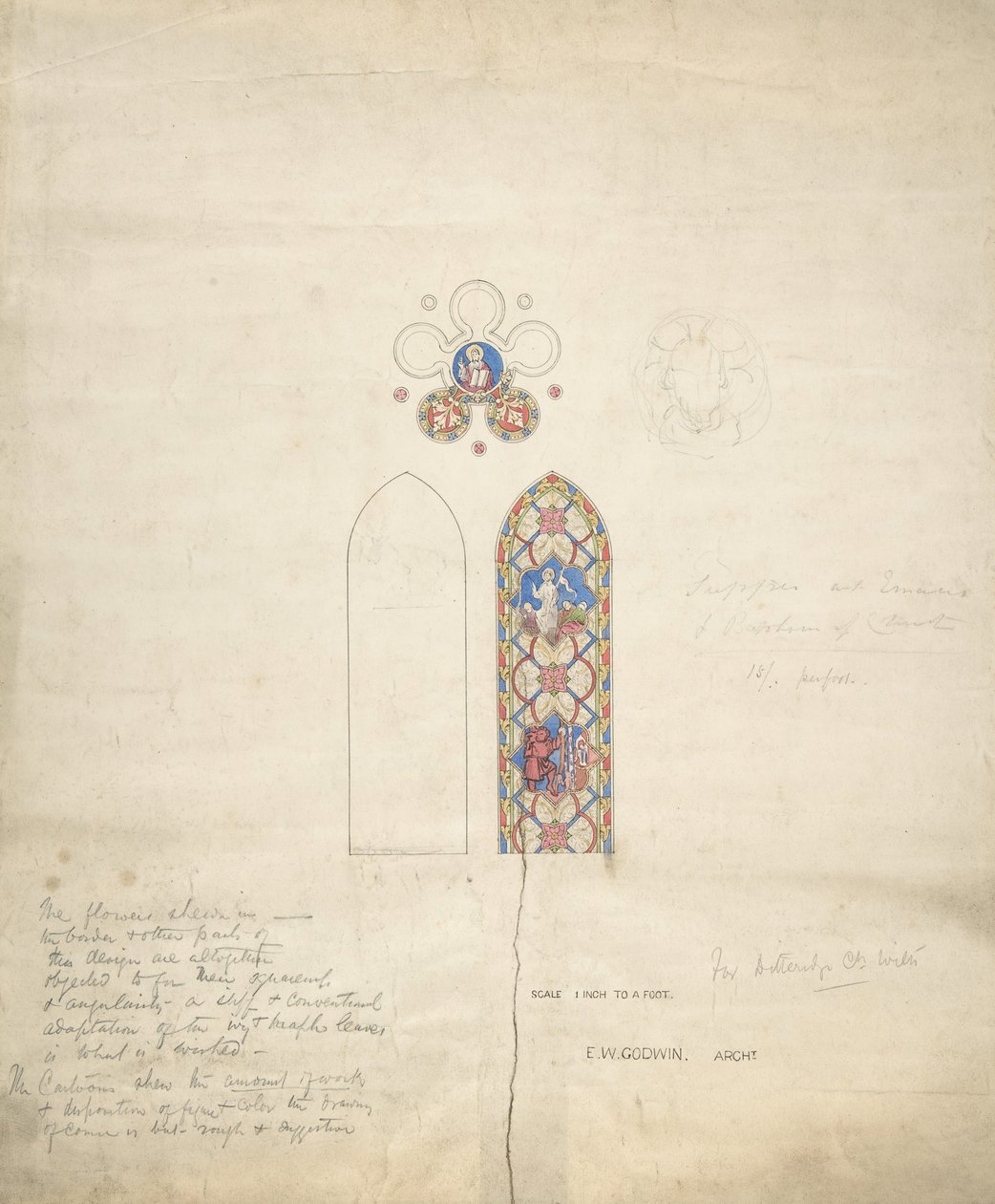 Design til glasmosaik i Ditteridge Kirke, ca. 1859. af Edward William Godwin