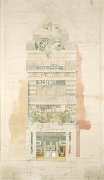 Design til facaden af McLean Fine Art Galleries, Haymarket, London (akvarel og blyant på papir) (se 237077 for detaljer) af Edward William Godwin