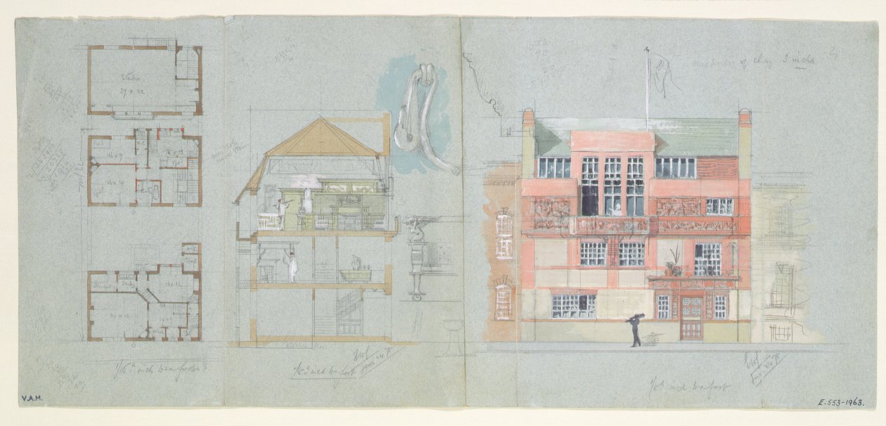 Front elevation og sektion til hus og studie for Frank Miles (1852-91), Tite Street, Chelsea, 1878-79 (wc og blyant på papir) (se også 176481-482, 176484-485) af Edward William Godwin