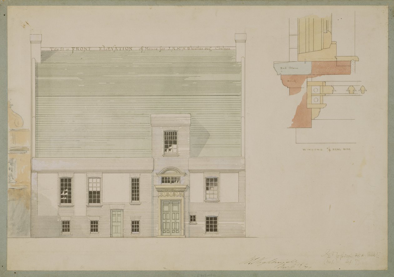 Forhøjning af hus til J.A.M. Whistler Esq, Tite Street, Chelsea, 1877 (pen og blæk og wc på papir) (se også 176476) af Edward William Godwin