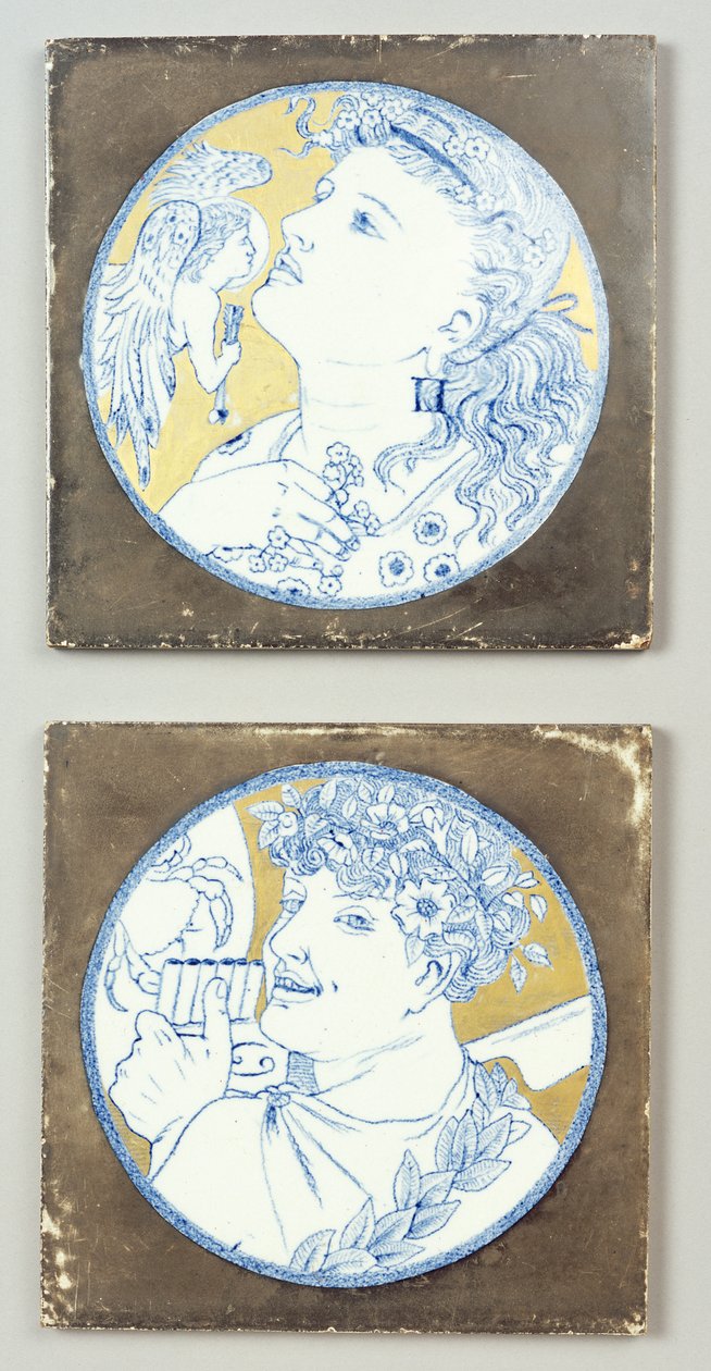 Gemini and Cancer, ca. 1878 (overglasur og forgyldt dekoration på underglasurtransferdesign) af Edward William Godwin