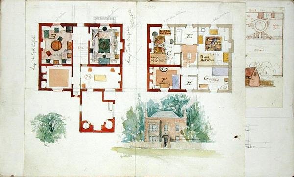 Forslag til et hus (akvarel og blyant på papir) af Edward William Godwin