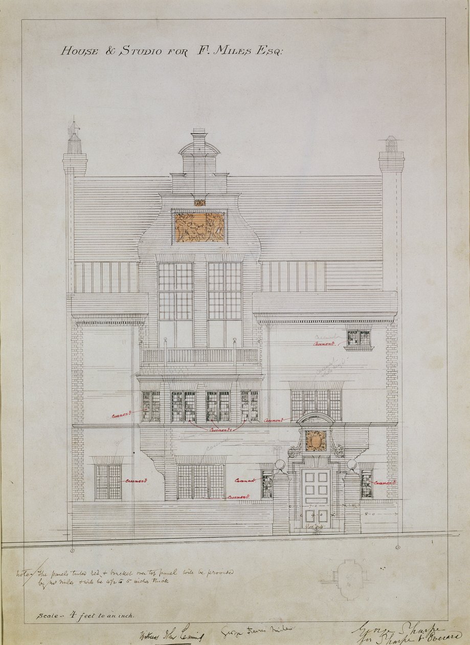Arbejdstegning for House and Studio for F. Miles Esq, Tite Street, Chelsea, 1878-79 (wc og blyant på papir) (se også 176481, 176483-485) af Edward William Godwin