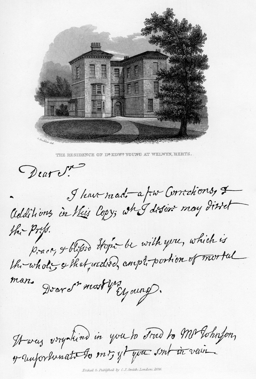 Et brev fra Edward Young og en udsigt over hans bolig i Welwyn, Hertfordshire, 1740