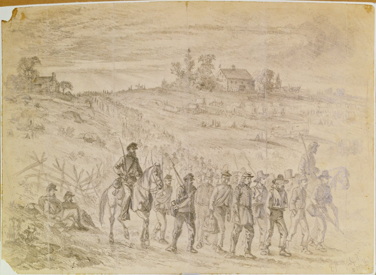 Slaget ved Gettysburg: Fanger tilhørende general Longstreets korps fanget af unionstropper, der marcherer til bagenden under bevogtning af Edwin Austin Forbes