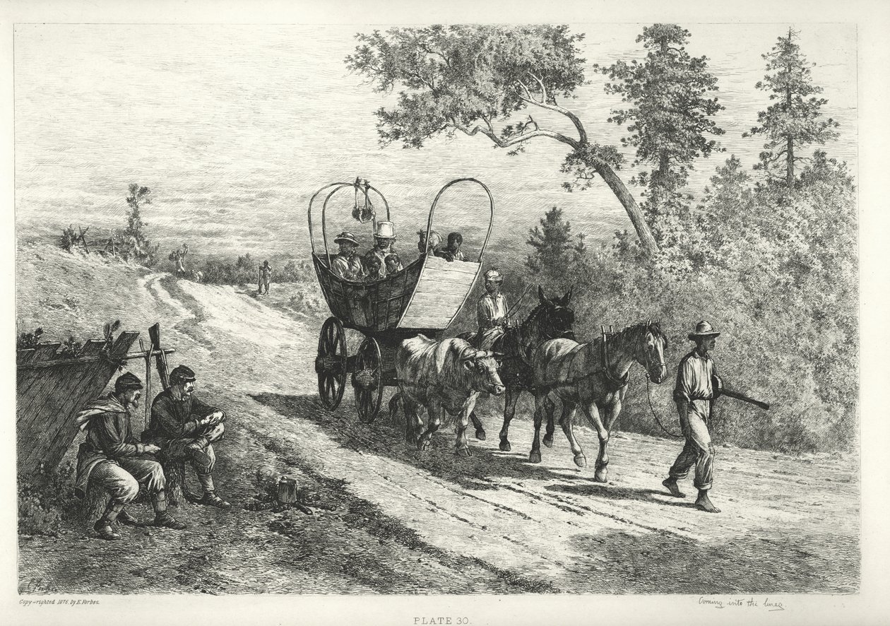Udskrift af en vogn, der tegnes af en okse, muldyr og hest af Edwin Austin Forbes