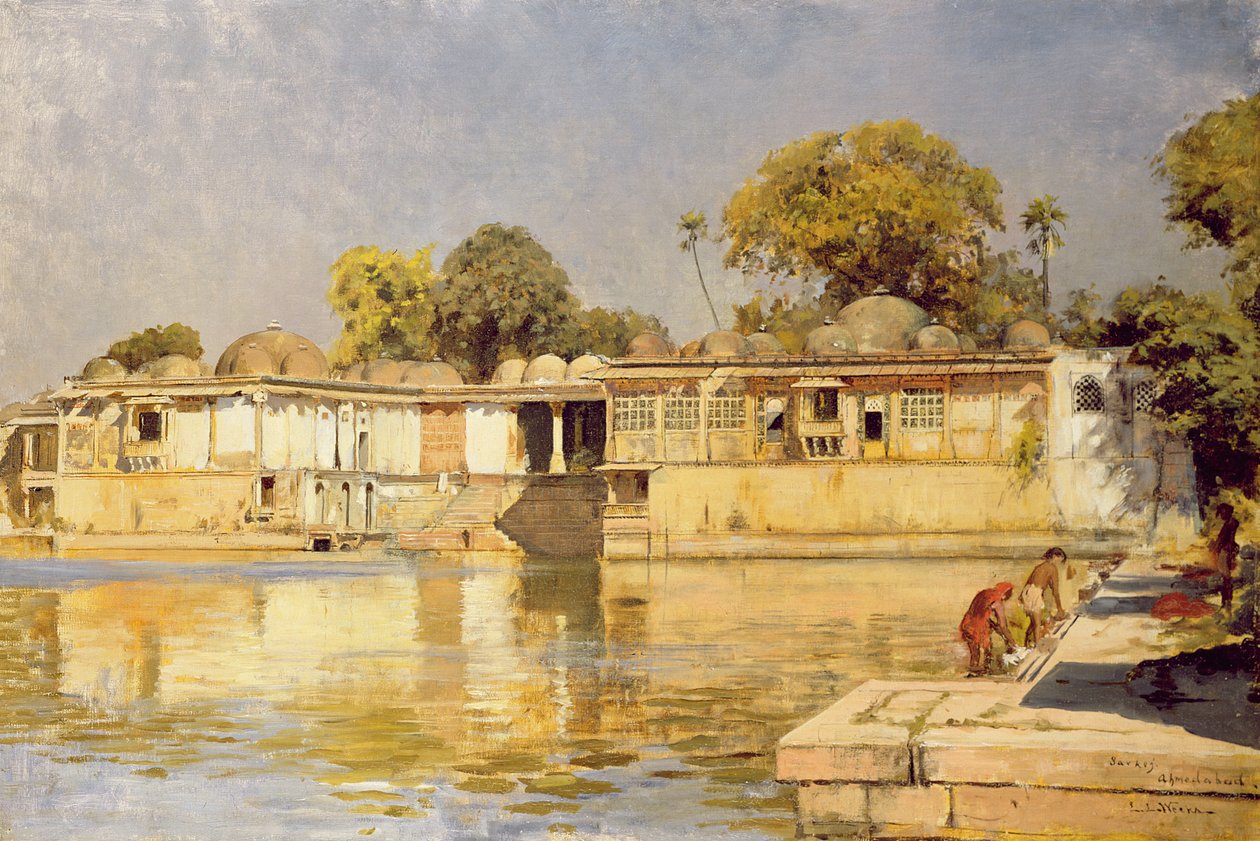 Palads og sø ved Sarkeh, nær Ahmedabad, Indien, ca. 1882-83 af Edwin Lord Weeks