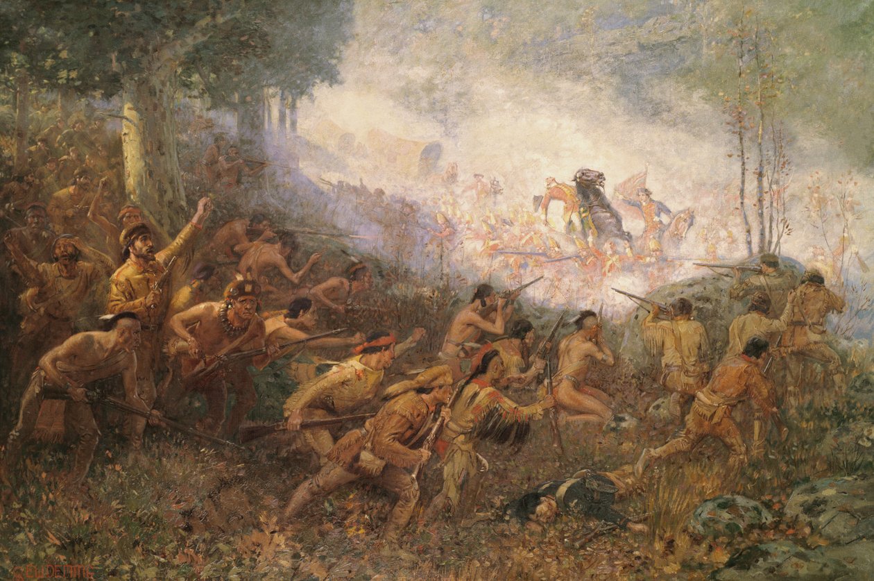 Nedskydningen af general Braddock ved Fort Duquesne, Pittsburgh, 1755 af Edwin Willard Deming