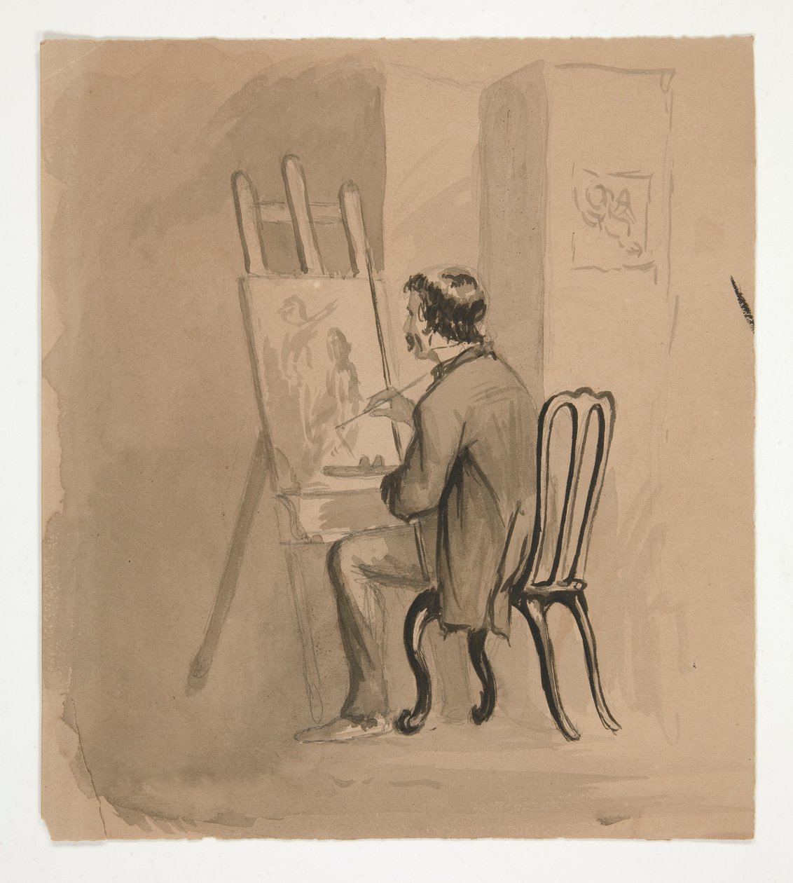 Kunstner sidder ved staffeli af Edwin Austin Abbey