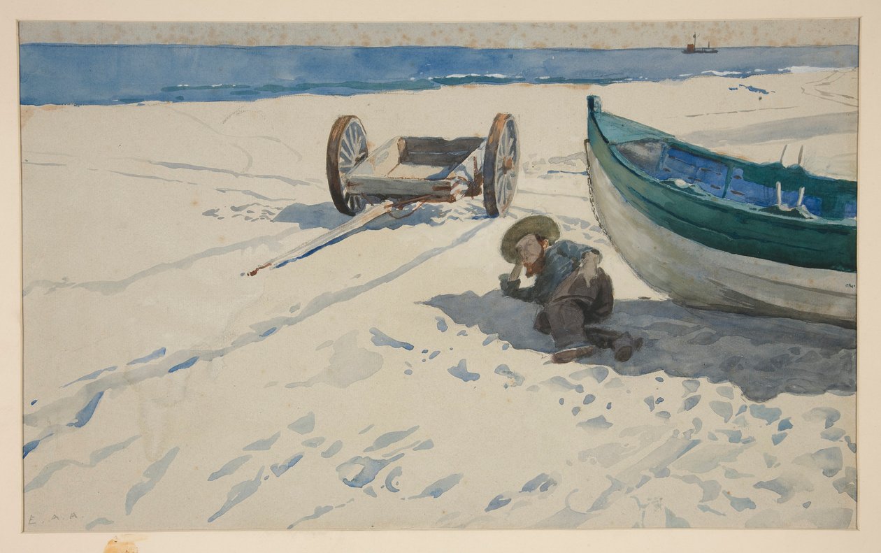 Strandscene med mand hviler i skyggen af båd af Edwin Austin Abbey