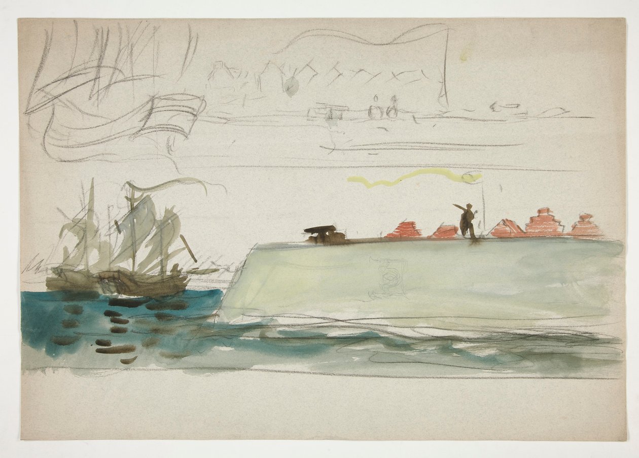 Både på havet: slagskibs forgrund, sejlbåd i afstand - (uidentificeret illustration) af Edwin Austin Abbey