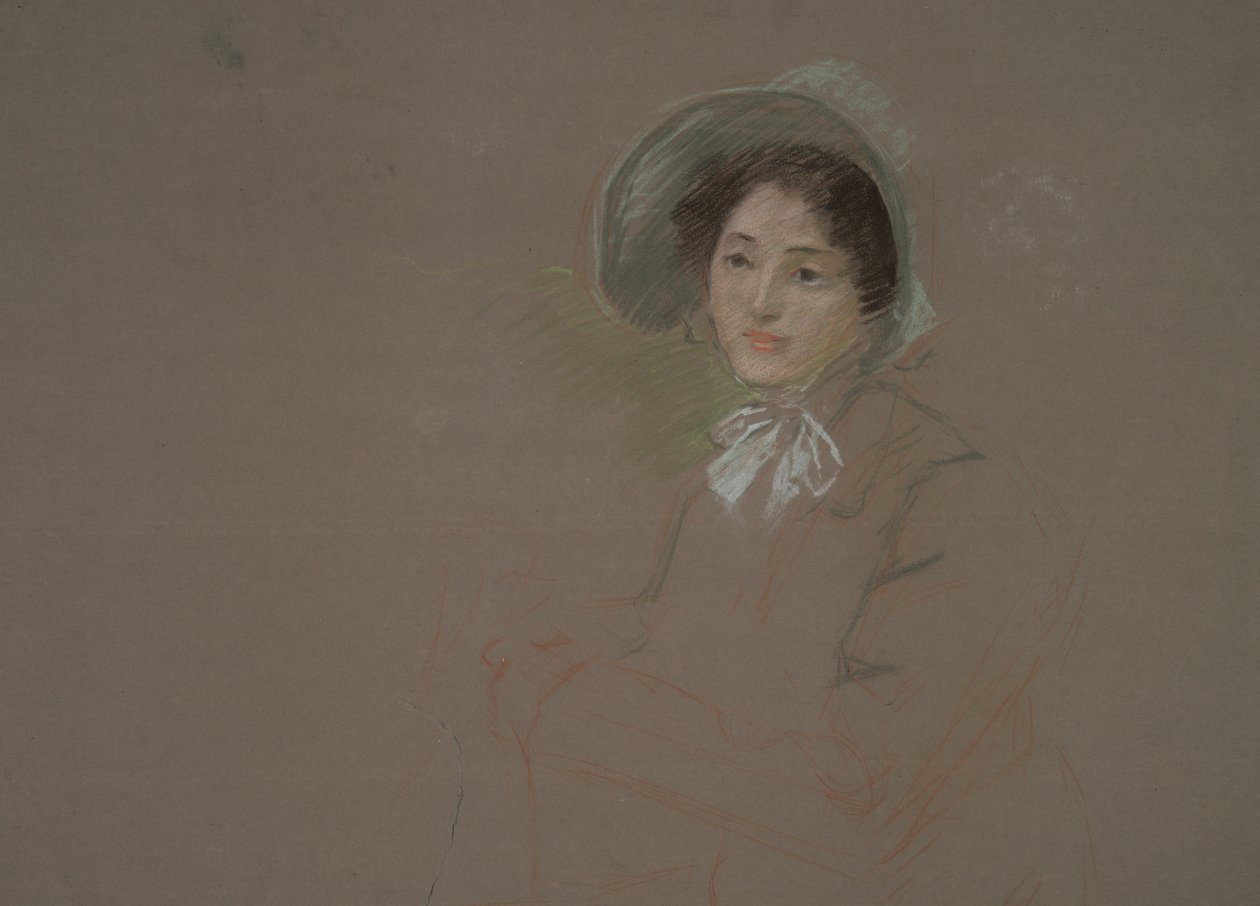 Skitse i brystlængde af en kvinde iført motorhjelm af Edwin Austin Abbey