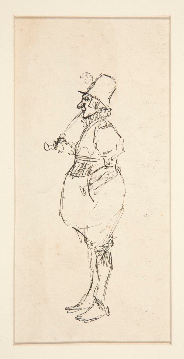 Tegnefilm af en mand i pantaloons af Edwin Austin Abbey