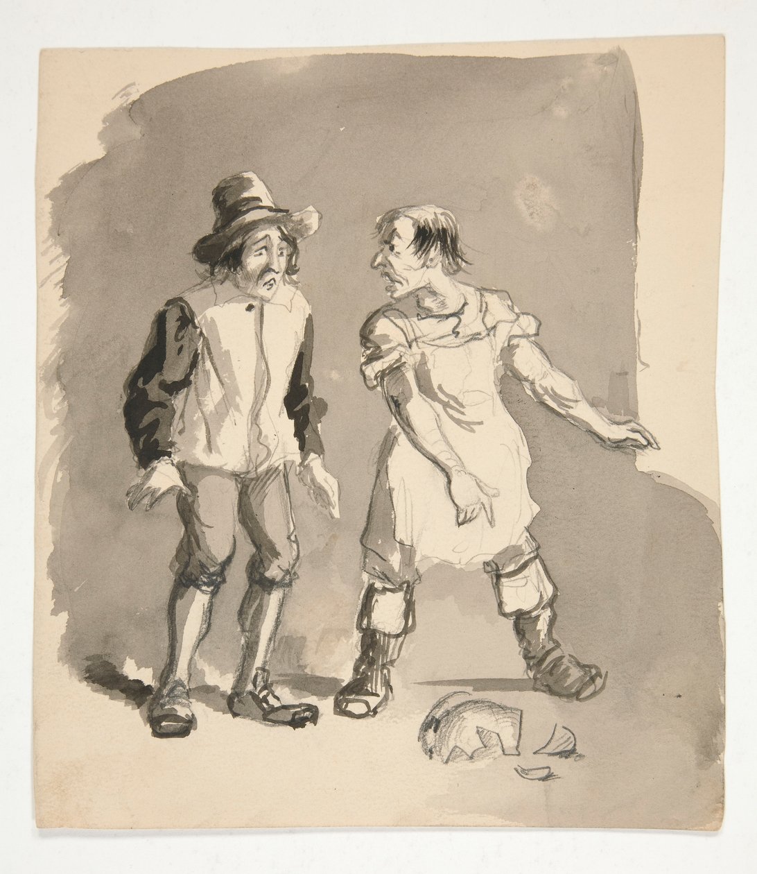 Tegneserie af to mænd og ødelagt gryde af Edwin Austin Abbey