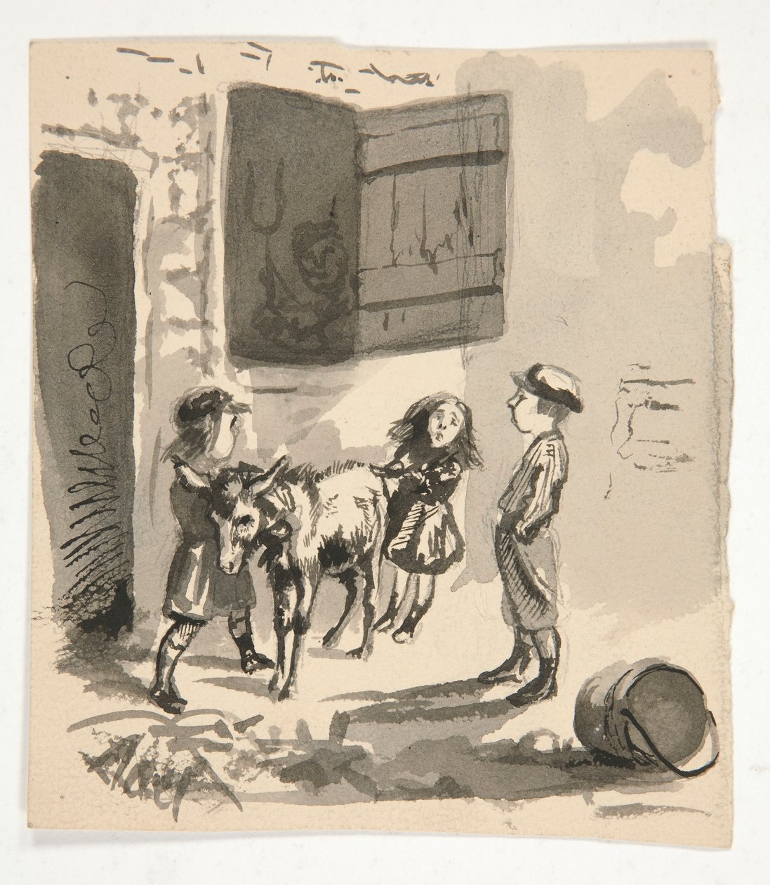 Børn med æsel (recto); Uidentificeret illustration af en orgelkværn (verso) af Edwin Austin Abbey
