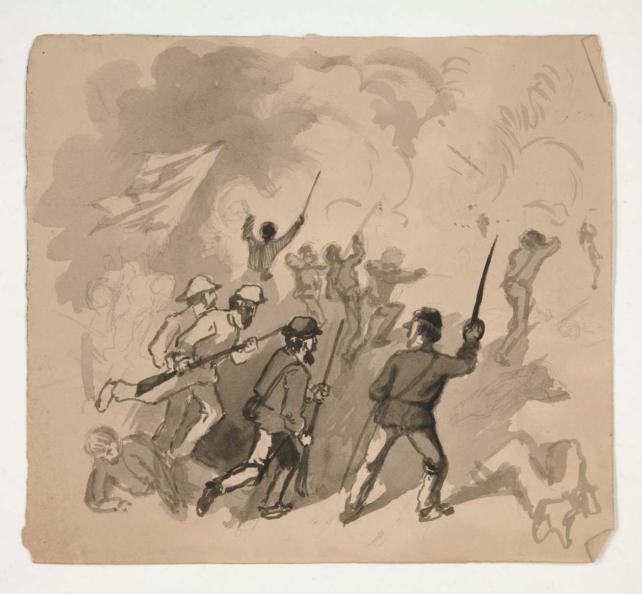 Borgerkrigskampscene (recto); Uidentificeret illustration af mand i en skov (verso) af Edwin Austin Abbey