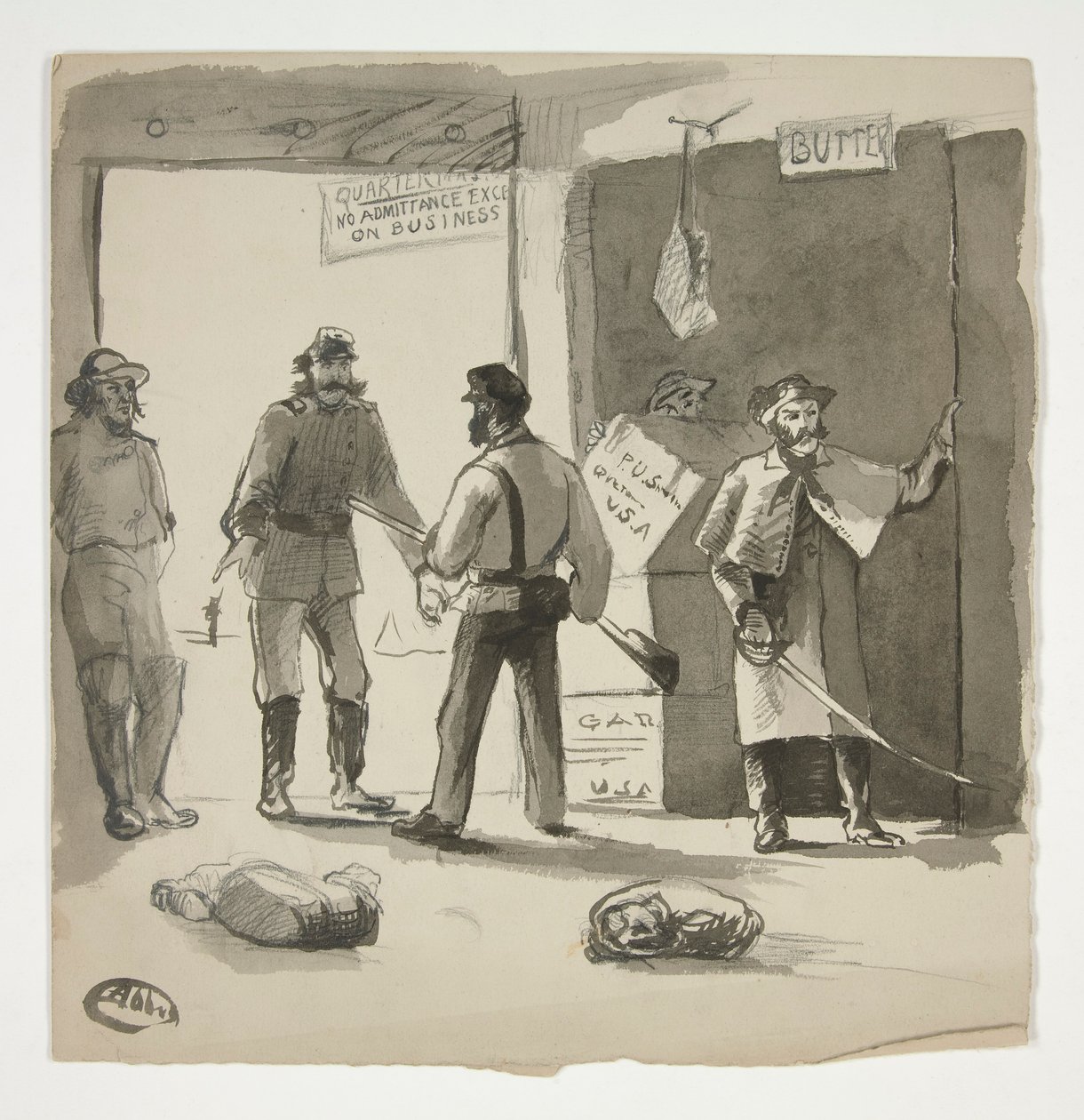 Borgerkrigsskitse (recto); Mand ser på et maleri (verso) af Edwin Austin Abbey