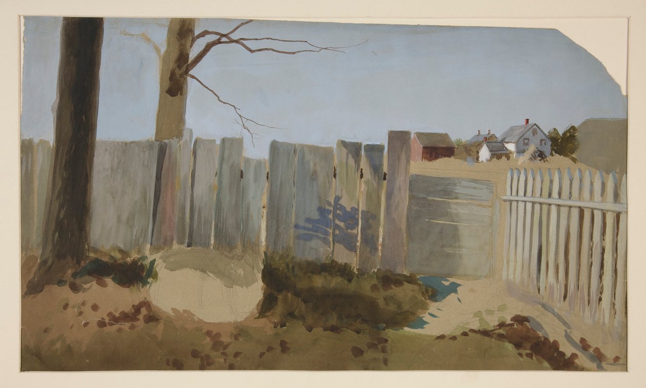 Landscene: hegn, mark, bondehus i afstand af Edwin Austin Abbey